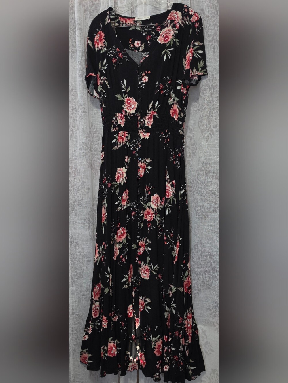 Rusttydustty Boho Floral Maxi Dress Black Pink Plus Size 1XL Cottagecore